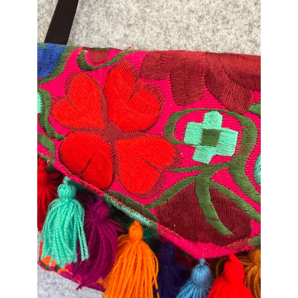 Mexican Floral Embroidered Crossbody Bag Pink Boho Tassel Festival Handbag - Picture 2 of 9